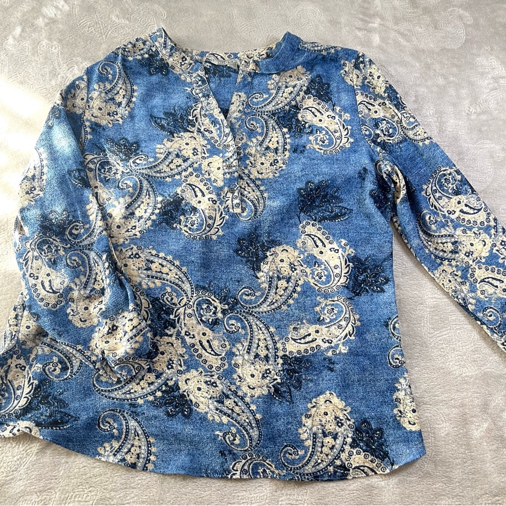 Valerie Stevens Pretty Multicolored‎ Lace trimmed 3/4 Sleeve Blouse Size Large